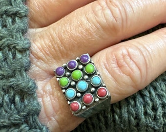 Vintage STERLING Ring - Multi Color Stones - Geometric Jewelry - CORAL Ring - Sterling Silver Ring - SILVER 925 Ring - Gaspeite - Sugilite