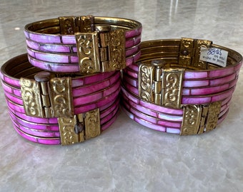 Pink and Gold Brass Hinged Bangle Bracelet - BARBIE PINK Friendship Bracelet - New Old Stock - India - Pink Jewelry - 1970s - SHELL Bracelet