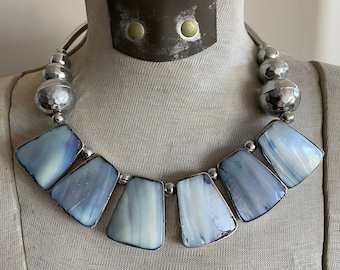 SHELL Statement Necklace - MOP - Blue Mother of Pearl - NOS - Vintage Jewelry From India - Silver Collar - 1970s - Chunky Necklace