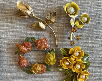 Vintage BROOCHES - Floral Themed  - Golden ROSE Brooch - Yellow Brooch - Pearl Brooch - Floral Accessories - Vintage Bridesmaid Gift - Rose