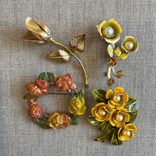 Vintage BROOCHES - Floral Themed  - Golden ROSE Brooch - Yellow Brooch - Pearl Brooch - Floral Accessories - Vintage Bridesmaid Gift - Rose