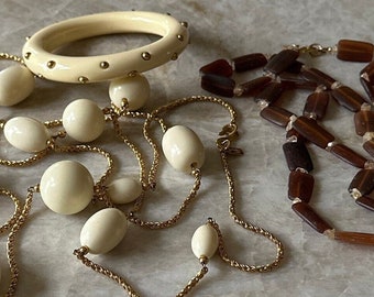 KENNETH JAY LANE Necklace and Bangle - Gold Studded Bangle - Tumbled Glass Beads - Neutral Necklace - Geometric - Modern - Vintage Designer