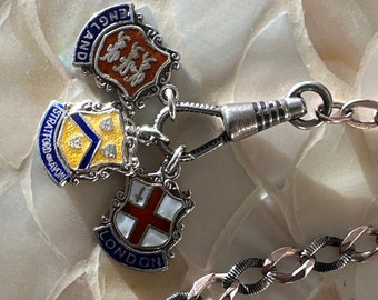 Vintage Travel Shield CHARMS - England - LONDON - Stratford - Sterling Silver - BIRMINGHAM - Ward Brothers Souvenir Charms - Travel Shield