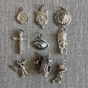 May include: A collection of silver-toned charms, including a shield with "Sequoia National" text, a Native American profile, a totem pole, and a football-shaped charm with "1620" text. Other charms include a stein and a running figure.
