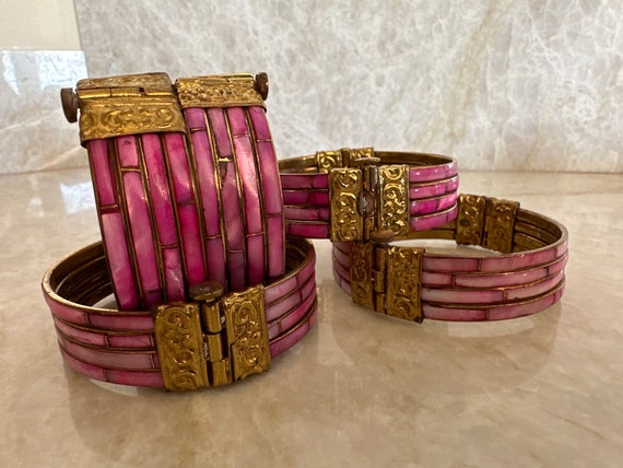 Pink and Gold Brass Hinged Bangle Bracelet - BARB… - image 2