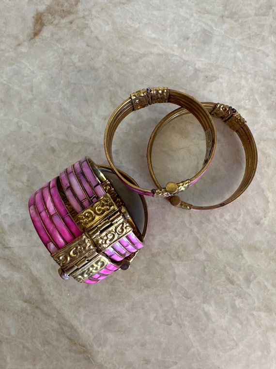 Pink and Gold Brass Hinged Bangle Bracelet - BARB… - image 3