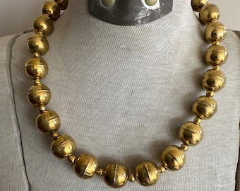 BRASS Bead Necklace - RUSTIC Jewelry - New Old Stock From India - Chunky Gold Necklace - Hollow Brass Ball Beads - Gold Statement Necklace