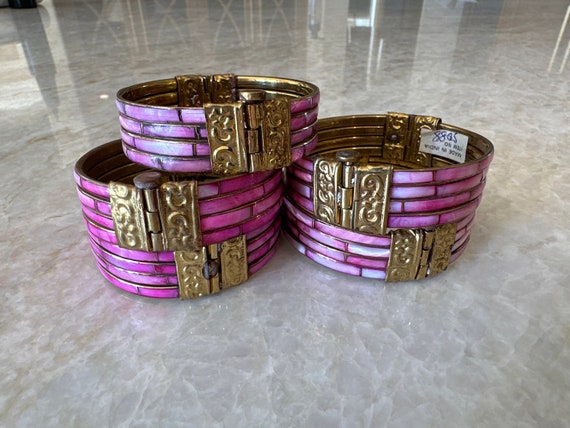 Pink and Gold Brass Hinged Bangle Bracelet - BARB… - image 1
