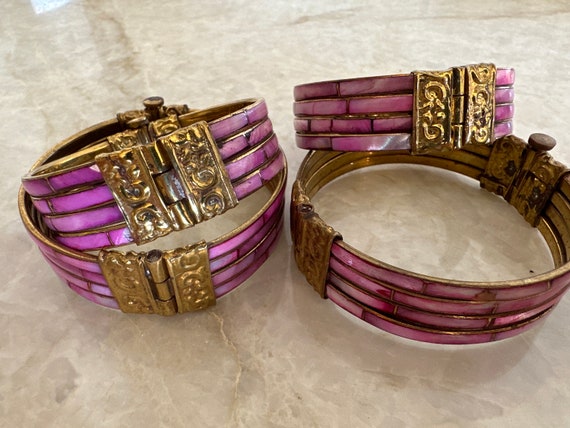 Pink and Gold Brass Hinged Bangle Bracelet - BARB… - image 6
