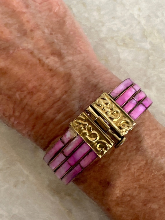 Pink and Gold Brass Hinged Bangle Bracelet - BARB… - image 7