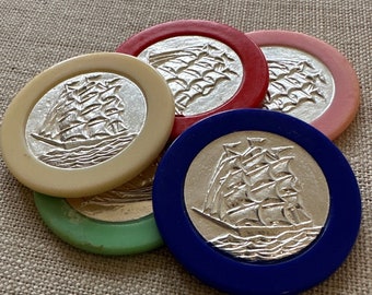 POKER Chips - GOLF Ball Marker - Poker Card Guard - Antique Poker Chips - Sail Boat Themed - Nautical Golf Ball Marker