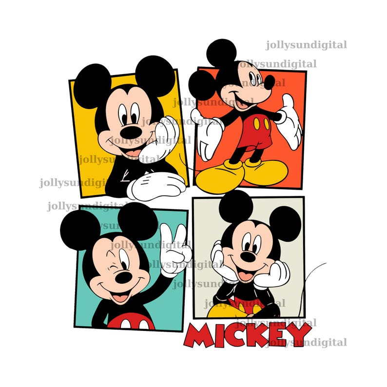 May include: A graphic featuring Mickey Mouse in four different poses, each within a colored square. Mickey is in his classic outfit, with black ears, a black body, red shorts, and yellow shoes. The word "MICKEY" is in red letters at the bottom.