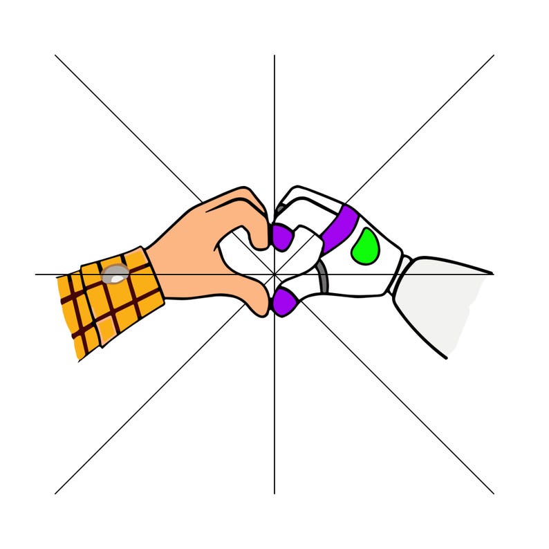 May include: Illustration of two hands forming a heart shape. One hand is a cartoon human hand with a yellow plaid sleeve and a watch. The other is a white robotic hand with purple and green accents.