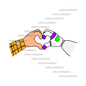 May include: Illustration of two hands forming a heart shape. One hand is tan with a yellow and brown plaid cuff, the other is a white robotic hand with purple and green accents. The image has the text "jollysundigital" repeated.