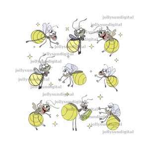 May include: A collection of cartoon fireflies in various poses, with yellow glowing abdomens, gray wings, and expressive faces. The fireflies are set against a white background with scattered star shapes. The text "jollysundigital" is repeated across the image.