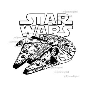 May include: A black and white illustration of the Millennium Falcon spaceship from Star Wars, with the words "STAR WARS" above it. The spaceship is highly detailed, with various panels and shapes. The image is on a white background.