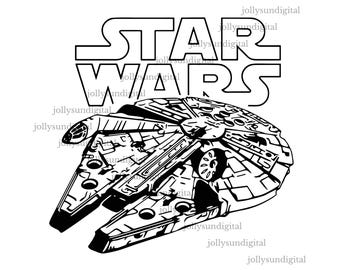 May include: Black and white illustration of the Millennium Falcon spaceship from Star Wars, with the words "STAR WARS" above it. The spaceship is highly detailed, with various panels and shapes. The image is on a white background.