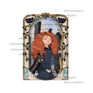May include: Illustration of a woman with red curly hair, holding a bow and arrow. She wears a blue dress and stands within a decorative frame with floral and bear accents. The image has a cartoon style.