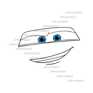 Op de afbeelding: Een cartoongezicht met een witte omtrek, blauwe ogen en een lachende mond. Het ontwerp heeft een gebogen bovenkant en de tekst "jollysundigital" herhaald diagonaal over de afbeelding.