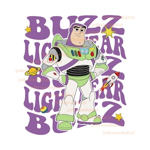 May include: A cartoon illustration of Buzz Lightyear in a green, white, and purple spacesuit. The words "Buzz Lightyear" are in a purple, retro font. A rocket, planet, and star are also featured.