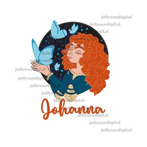 May include: A digital illustration of a woman with red curly hair, wearing a blue dress, and surrounded by blue butterflies. The name "Johanna" is written in a cursive font below the image.