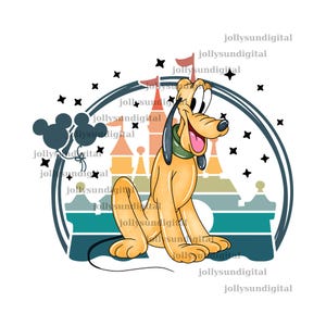 May include: A digital illustration featuring Pluto, the Disney character, sitting in front of a castle. Mickey Mouse balloons are on the left. The background includes a castle, stars, and a blue and white circular design.