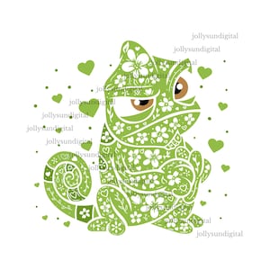 May include: A green chameleon illustration with floral and heart patterns. The chameleon has brown eyes and is surrounded by green hearts and dots. The design is a digital illustration on a white background.
