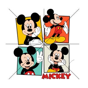 May include: A graphic featuring four panels of Mickey Mouse in different poses, each set against a different colored background. The word "MICKEY" is displayed in red at the bottom. The image has a white background.