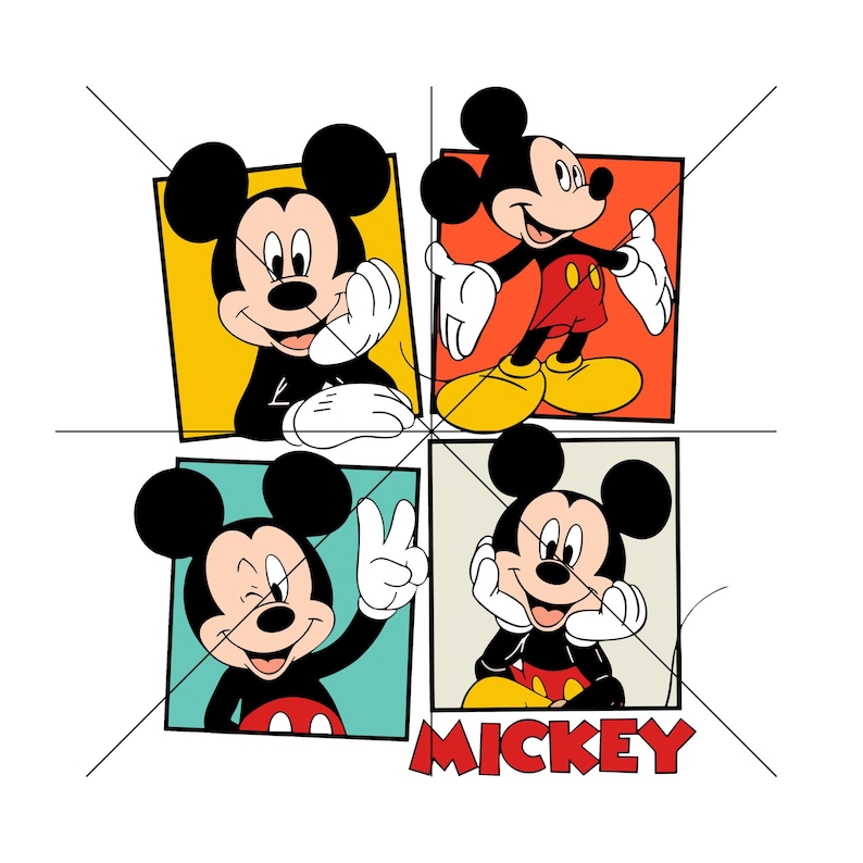May include: A graphic featuring four panels of Mickey Mouse in different poses, each set against a different colored background. The word "MICKEY" is displayed in red at the bottom. The image has a white background.