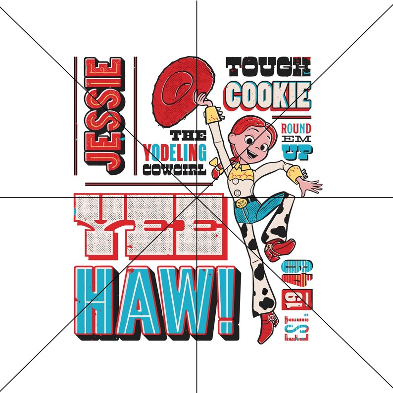 May include: A graphic of Jessie from Toy Story, in a dynamic pose, holding a red cowboy hat. The image features text including "Jessie," "The Yodeling Cowgirl," and "Tough Cookie." The color palette includes red, blue, yellow, and white.