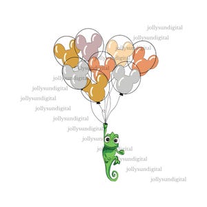 May include: A green chameleon character holding a cluster of Mickey Mouse-shaped balloons in various colors, including gold, orange, and gray. The balloons are transparent with black outlines, and the background is white.