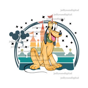 May include: A digital illustration of Pluto, the Disney cartoon dog, sitting in front of a castle and Mickey Mouse balloons. The image has a white background with a blue and teal border, and black star accents.