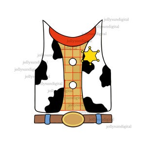 May include: A cartoon illustration of a sheriff vest. The vest is tan with a red collar, black and white cowhide patches, and a yellow sheriff badge. A brown belt with a gold buckle completes the design.