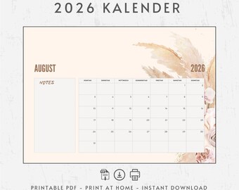 May include: A printable 2026 calendar page for August, with a neutral colour palette and floral accents. The calendar grid displays the days of the week and dates. The text "2026 KALENDER" is at the top of the page.