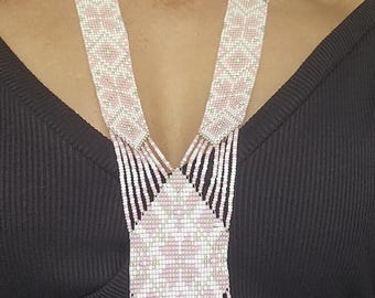 Handmade Beaded Gerdan, Pink and White Long Necklace with Fringe, Traditional Geometric Beadwork, Statement Boho Jewelry for Her,