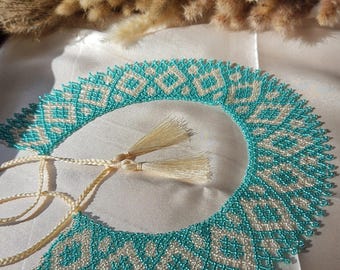Handmade Beadwork Collar Necklace, Turquoise & Cream Beaded Choker, Traditional Folk Gerdan, Woven Seed Bead Lace Collar with Tass