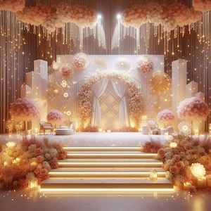 May include: A beautifully decorated wedding stage with a white backdrop, adorned with floral arrangements in shades of pink and peach. The stage features a floral arch, curtains, and soft lighting, creating a romantic and elegant atmosphere. Decorative elements include candles and hanging lights.