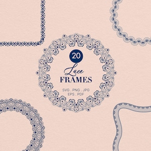 May include: A collection of 20 navy blue lace frames in various shapes and designs, including circular and corner styles, set against a soft peach background. The central frame features the text "20 Lace Frames" with file type options.