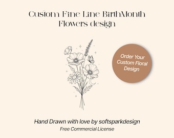 Custom Birth Flower Bouquet, Birth Month Floral Design, Fine Line Art, Birth month bouquet, wildflower bouquet