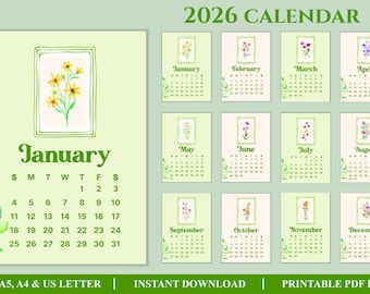 2026 Printable Calendar, Watercolor Floral Calendar, Monthly Wall Calendar, Botanical Calendar PDF, Digital Download, Desk Calendar