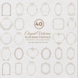 Puede incluir: Una colección de 40 elegantes marcos vintage victorianos con diseños florales en varias formas, incluyendo óvalos, cuadrados y corazones. Los marcos son de color marrón claro sobre un fondo texturizado blanco roto. Texto: "Elegant Victorian Flourish Vintage Frames Collection".