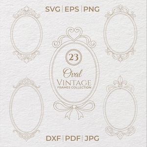 Könnte beinhalten: Eine Sammlung von fünf ovalen Vintage-Rahmen in Hellbraun, mit aufwendigen floralen und scrollartigen Designs. Der mittlere Rahmen trägt den Text "23 Oval Vintage Frames Collection". Der Text "SVG EPS PNG" und "DXF PDF JPG" ist ebenfalls vorhanden.