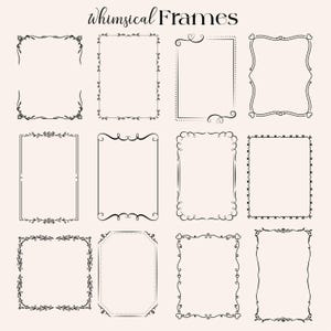 Könnte beinhalten: Zwölf schwarze, skurrile Rahmen mit verschiedenen dekorativen Designs, darunter Blumen- und Herzmotive, auf cremefarbenem Hintergrund. Der Text "whimsical Frames" steht oben. Die Rahmen sind rechteckig und achteckig.
