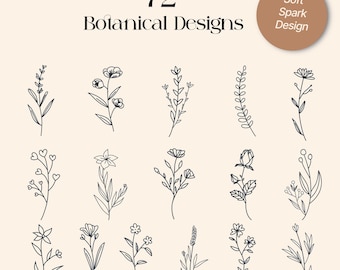 72 Botanical SVG Bundle - Hand Drawn Wildflower SVG PNG, Minimalist Floral Line Art Clipart for Cricut Silhouette, Flower Digital Download