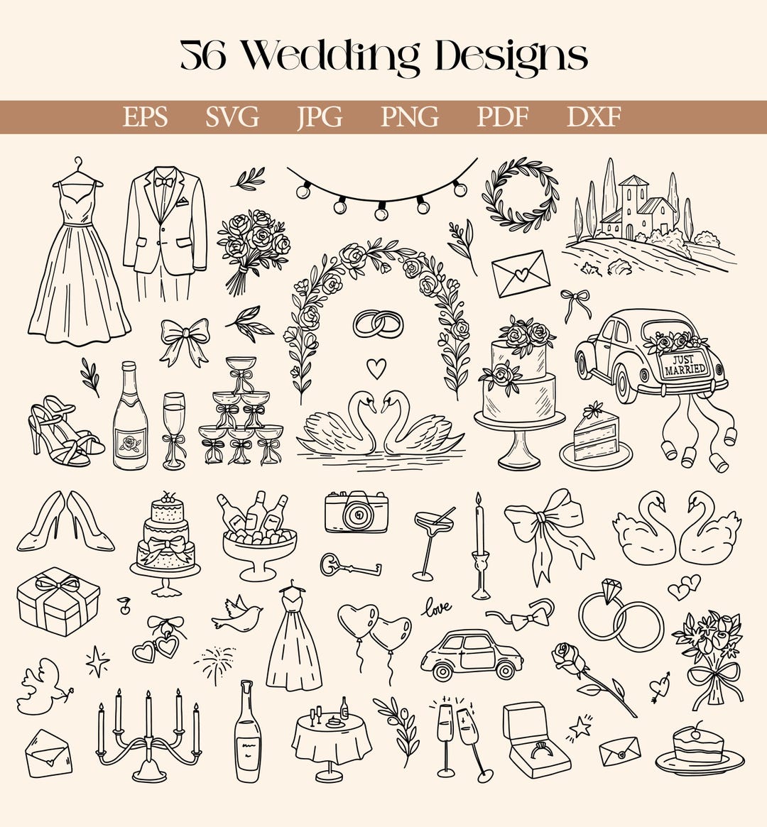 Wedding Doodle SVG Bundle - Hand Drawn Wedding Icons Clipart SVG PNG ...