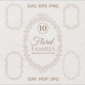 Paquete de marcos florales elegantes SVG, borde floral barroco, marco de boda vintage PNG, invitación floral PNG