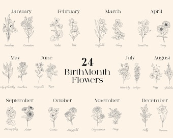 Pacchetto SVG di fiori del mese di nascita, disegno al tratto di fiori di nascita in formato SVG, fiori del mese di nascita in formato PNG, fiori del mese di nascita disegnati a mano per Cricut, uso commerciale