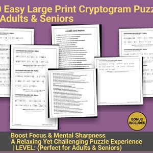 Può includere: Una raccolta di puzzle di criptogrammi su carta bianca con testo nero, progettati per adulti e anziani. L'immagine include il testo "250 Easy Large Print Cryptogram Puzzles for Adults & Seniors" e "Bonus Included". Lo sfondo è un gradiente di viola e giallo.