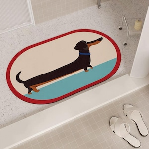 Cute Dachshund Bath Mat – Absorbent Non-Slip Bathroom Rug – Minimal Cartoon Dog Toilet Floor Mat – Washable Home Decor Gift