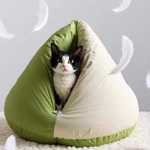 Pode incluir: Um gato preto e branco está sentado dentro de uma cama para animais de estimação em forma de saco de feijão verde e creme. Penas brancas flutuam no fundo. A cama para gatos é um acessório macio, aconchegante e confortável para animais de estimação.